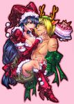  1girl adiane blue_hair boots bow breasts cake carrying christmas cleavage couple eyepatch food fruit hat hetero jester_cap large_breasts long_hair low-tied_long_hair pastry pink_background piote red_eyes santa_costume santa_hat scorpion_tail shirtless strawberry tail tattoo tengen_toppa_gurren_lagann viral 