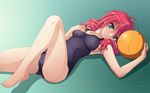  ball barefoot breasts covered_nipples feet feldt_grace gundam gundam_00 haro highres large_breasts lying one-piece_swimsuit pink_hair solo swimsuit tadano_akira 