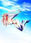  birdy_cephon_altirra blue_eyes blush boots breasts cleavage cloud covered_nipples elbow_gloves flying gloves hanging_breasts high_heels highres large_breasts legs long_hair multicolored_hair osuzu_akiomi shoes sky solo tetsuwan_birdy tetsuwan_birdy_decode thigh_boots thighhighs 