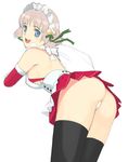 ass back bag bent_over blue_eyes breasts carrying_over_shoulder christmas covered_nipples elbow_gloves gloves hairband happy large_breasts lavender_hair leaning_forward looking_back maid maid_headdress mibu_natsuki original panties pantyshot pleated_skirt red_gloves sack short_hair sideboob simple_background skirt solo thighhighs thong underwear upper_teeth white_background white_panties 
