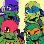  2019 anthro bandanna blue_eyes clothed clothing donatello_(tmnt) eyewear facial_markings fangs fingerless_gloves gloves goggles goggles_on_head green_background group inkyfrog leonardo_(tmnt) looking_at_viewer male markings mask michelangelo_(tmnt) one_eye_closed orange_eyes purple_eyes raphael_(tmnt) red_eyes reptile rise_of_the_teenage_mutant_ninja_turtles rosy_cheeks scalie shell simple_background smile teenage_mutant_ninja_turtles turtle wink 