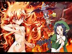  braid copyright_request dark_skin fiery_hair fire flat_chest glasses hat highres long_hair multiple_girls navel nude orange_eyes pocket_watch pointy_ears projected_inset red_hair tomomimi_shimon tsurime twin_braids wallpaper watch 