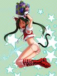  armpits ass bad_id bad_pixiv_id closed_eyes fang francesca_lucchini green_hair happy long_hair mittens no_pants observerz panties santa_costume side-tie_panties socks solo strike_witches striped striped_panties tail translated underwear world_witches_series 