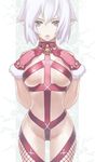  bell bell_collar breast_suppress breasts collar copyright_request crotch_ribbon fishnets fur gloves large_breasts lipstick makeup nagi_ryou naked_ribbon nipple_slip nipples pointy_ears ribbon short_hair silver_eyes solo standing underboob white_hair 