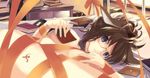  animal_ears book brown_hair cat_ears feathers glasses hammer_and_sickle kabocha_(monkey4) kemomimi_megane_shisho-san lying naked_ribbon nude original purple_eyes ribbon short_hair solo 