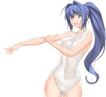  a1 blue_eyes blue_hair cowboy_shot hayase_mitsuki kimi_ga_nozomu_eien long_hair one-piece_swimsuit ponytail pubic_hair see-through solo stretch swimsuit wet 