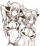  animal_ears animal_print armpits bell bell_collar breasts collar cow_print hisahiko horns kusuha_mizuha large_breasts long_hair monochrome multiple_girls setsuko_ohara short_hair super_robot_wars 