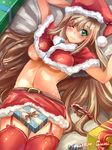  blush breasts brown_hair capelet garter_belt green_eyes hat large_breasts long_hair lying midriff miniskirt original red_capelet santa_costume santa_hat skirt solo suoni_(deeperocean) tears thighhighs underboob very_long_hair 