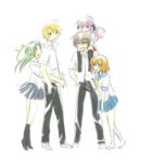  3girls blonde_hair blue_eyes brown_hair closed_eyes green_eyes green_hair half_updo hanyuu higurashi_no_naku_koro_ni horns houjou_satoshi hug maebara_keiichi md5_mismatch multiple_boys multiple_girls orange_hair purple_eyes purple_hair red_eyes ribbon ryuuguu_rena school_uniform serafuku short_hair socks sonozaki_shion 