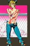  araki_hirohiko chain-link_fence cloud covering double_bun fence green_lipstick jojo_no_kimyou_na_bouken kujo_jolyne kuujou_jolyne lipstick looking_at_viewer makeup panties pants side-tie_bikini side-tie_panties sidetide thong topless two-tone_hair underwear 