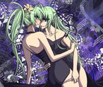  blush dress flower green_eyes green_hair half_updo higurashi_no_naku_koro_ni incest isya long_hair multiple_girls panties ponytail ribbon siblings sisters sonozaki_mion sonozaki_shion twincest twins underwear yuri 