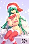  bikini breasts brown_eyes christmas copyright_request green_hair gunner-l hands_clasped huge_breasts one_eye_closed own_hands_together sack santa_costume snow solo string_bikini swimsuit thighhighs 