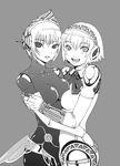  aegis_(persona) android bow breast_press breasts greyscale medium_breasts metis monochrome multiple_girls persona persona_3 robot_joints shadowthorn symmetrical_docking 