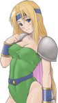  armor bangs belt blonde_hair blue_eyes blush breasts cape celes_chere cleavage clenched_hand contrapposto covered_nipples cowboy_shot final_fantasy final_fantasy_vi from_side green_leotard head_tilt headband highleg highleg_leotard large_breasts leotard light_smile long_hair looking_at_viewer parted_bangs pauldrons signature simple_background sketch smile solo standing taut_clothes vambraces very_long_hair white_background yukihiro 