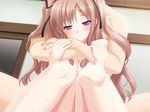  1girl afterglow blush brown_hair comforting couple game_cg hair_ribbon happy_sex hetero holding_hands hug hug_from_behind konayuki_fururi long_hair matsushima_koyuki nude peko purple_eyes ribbon smile tears twintails very_long_hair 