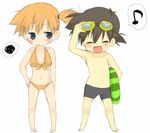  1girl bad_id bad_pixiv_id bikini blue_eyes blush brown_hair chibi closed_eyes goggles innertube kasumi_(pokemon) lowres oomuro_(omuraisu) open_mouth orange_hair pokemon pokemon_(anime) ponytail satoshi_(pokemon) short_hair side_ponytail simple_background smile squiggle swimsuit white_background 