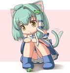  :o animal_ears cat_ears cat_tail chibi detached_sleeves frog green_hair kemonomimi_mode kochiya_sanae open_mouth panties solo squatting striped striped_panties tail tail_wagging tdk touhou underwear yellow_eyes 