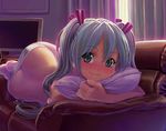  aqua_hair ass bad_id bad_pixiv_id blue_hair blush couch green_eyes hatsune_miku long_hair looking_at_viewer lying muted_color panties pillow pillow_hug ribbon smile solo striped striped_panties topless twintails underwear underwear_only vocaloid yahako 