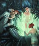  3girls barcode barcode_tattoo birth_of_venus fine_art_parody gloves glowing goggles jason_chan labcoat long_hair machine multiple_girls nude old_man parody pool red_hair science_fiction scientist short_hair tattoo thighhighs water watermark white_hair 