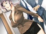  breasts business_suit cleavage crotch_grab fingernails formal game_cg gibo_to_oba glasses green_eyes huge_breasts jacket jewelry kuramochi_yoshimi lipstick makeup mature omegat pencil_skirt purple_hair ring skirt skirt_suit solo_focus suit thighhighs wedding_band 