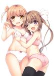  2girls ;d ass bare_arms bare_shoulders black_legwear blush bow bow_bra bow_panties bra breasts brown_eyes brown_hair collarbone commentary_request fang fingernails gluteal_fold groin hair_bow hand_up highres ichinose_hana momochi_tamate multiple_girls navel one_eye_closed one_side_up open_mouth panties pink_bra pink_panties purple_eyes sakuraba_hikaru_(loveindog) slow_start small_breasts smile thighhighs training_bra twintails underwear underwear_only white_bow white_bra white_panties 