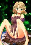  bad_id bad_pixiv_id barefoot blonde_hair blush breasts covering covering_crotch dress green_eyes impossible_clothes impossible_dress medium_breasts mizuhashi_parsee orimoto_asami pointy_ears short_hair sitting solo spread_legs touhou 