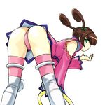  :o ass bangs bent_over blown_kiss blush boots brown_hair chakram curly_hair detached_sleeves dress from_behind green_eyes holding holding_weapon june_lin_milliam knee_pads kneepits looking_at_viewer looking_back michael open_mouth panties pantyshot pink_panties profile short_dress simple_background solo star_gladiator thigh_boots thighhighs thighlet thong twintails underwear weapon white_background white_legwear wide_sleeves 