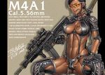  abs armor assault_rifle braid breasts copyright_request dark_skin gloves gun large_breasts m4_carbine muscle rifle solo sunglasses sword tsukasa_jun weapon 