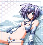  bed blue_eyes blush breasts covered_nipples detached_sleeves exelica lying midriff nanairo_souga purple_hair pussy short_hair small_breasts solo trigger_heart_exelica 