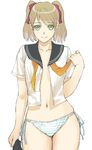  copyright_request green_eyes kage_yuu midriff navel no_bra open_clothes open_shirt panties school_uniform shirt side-tie_panties smile solo striped striped_panties twintails underwear undressing 