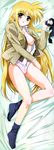  absurdres bed black_legwear black_ribbon blonde_hair blush breasts fate_testarossa highres long_hair lyrical_nanoha mahou_shoujo_lyrical_nanoha_strikers medium_breasts nipples okuda_yasuhiro open_clothes open_shirt panties pink_panties red_eyes ribbon ribbon_panties seishou_middle_school_uniform shirt socks third-party_edit underwear very_long_hair 