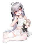  1girl :o absurdres ahoge aug_(girls_frontline) bangs bare_arms bare_shoulders black_bra black_ribbon blush bra brown_hair character_doll character_request dokomon dress eyebrows_visible_through_hair fang flower girls_frontline hair_between_eyes hair_ornament hair_ribbon hairclip hand_up head_tilt highres iws-2000_(girls_frontline) long_hair no_shoes object_hug open_mouth red_eyes ribbon silver_hair simple_background sleeveless sleeveless_dress solo steyr_aug_(girls_frontline) tears thighhighs underwear very_long_hair white_background white_dress white_flower white_legwear 