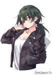  1girl alternate_costume bag bangs blush bracelet breasts buttons closed_mouth collarbone commentary_request ebifurya eyebrows_visible_through_hair eyepatch green_eyes green_hair hair_between_eyes hand_in_pocket highres holding holding_bag jacket jewelry kantai_collection kiso_(kantai_collection) looking_at_viewer medium_breasts medium_hair shirt simple_background solo standing tied_hair white_background white_shirt 
