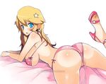  ass bikini blonde_hair blue_eyes breasts corn_syrup earrings feet from_behind high_heels jewelry large_breasts long_hair looking_back lying mario_(series) on_stomach open_mouth princess_peach sandals shiny shiny_skin shoes solo string_bikini super_mario_bros. swimsuit toes watermark 