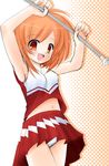  armpits arms_up cheerleader midriff navel open_mouth orange_eyes orange_hair original panties pantyshot pleated_skirt red_hair short_hair skirt smile solo twirl_baton underwear white_panties yukizuki_chikuba 