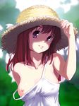  breast_slip breasts brown_hair copyright_request hat highres long_hair pink_eyes small_breasts smile solo st+1 strap_slip straw_hat 
