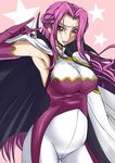  \m/ aoi_manabu armpits blue_eyes blush bodysuit braid breasts cape code_geass cornelia_li_britannia curvy elbow_gloves gloves large_breasts lipstick long_hair macross macross_frontier makeup parody purple_hair seikan_hikou skin_tight solo spandex sweat uniform very_long_hair 