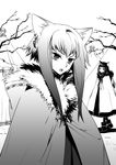  animal_ears ashi coat greyscale long_hair looking_at_viewer monochrome multiple_girls open_mouth original overcoat 