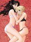  artoria_pendragon_(all) black_hair black_panties blonde_hair blue_eyes bra buzzer fate/stay_night fate_(series) green_eyes highres leg_between_thighs lingerie long_hair long_legs lying multiple_girls panties saber toosaka_rin underwear underwear_only white_panties 