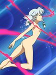  ass bad_id bad_pixiv_id barefoot bishoujo_senshi_sailor_moon blood braid closed_eyes convenient_censoring epic_nosebleed henshin izayoi_sakuya nosebleed nude parody ribbon short_hair silver_hair solo tonbi touhou twin_braids 