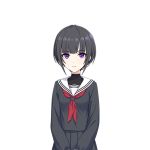  1girl bangs black_hair black_sailor_collar black_serafuku blunt_bangs closed_mouth idolmaster idolmaster_cinderella_girls idolmaster_cinderella_girls_starlight_stage looking_at_viewer official_art purple_eyes red_neckwear sailor_collar school_uniform serafuku shirayuki_chiyo short_hair tachi-e 