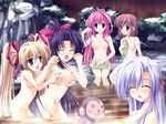  5girls breast_grab breasts covering grabbing multiple_girls smile spa water 