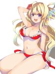  :d alternate_costume arm_behind_back arm_behind_head bare_arms bare_shoulders bikini blaze_(artist) blonde_hair breasts commentary_request eyebrows_visible_through_hair goblin_slayer! hair_between_eyes hair_ornament happy highres large_breasts long_hair looking_at_viewer navel open_mouth priestess_(goblin_slayer!) red_bikini red_bikini_bottom red_bikini_top simple_background sitting smile solo swimsuit upper_teeth very_long_hair white_background 