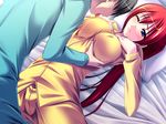  1girl bed breast_grab breasts covered_nipples grabbing ichikawa_noa inraku_no_ketsuzoku kiryuu_hayato kiryuu_yuzuha large_breasts licking long_hair one_eye_closed pajamas purple_eyes red_hair 