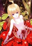  blonde_hair blood blue_eyes copyright_request dagger fingernails flower forest kiran monster_girl nature no_nipples nude nymph pale_skin plant_girl pointy_ears solo weapon 