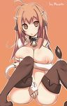  animal_ears bell bell_collar breast_hold breasts brown_eyes brown_hair collar corn_syrup covered_nipples cow_bell cow_ears cow_girl cow_tail elbow_gloves gloves horns huge_breasts long_hair meushi_mattie midriff original solo tail thighhighs 