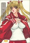  :o bangs blonde_hair breasts brown_eyes buruma cover cover_page covered_nipples doujin_cover eyebrows_visible_through_hair fingernails gym_shirt gym_uniform hair_ribbon hand_up impossible_clothes impossible_shirt jacket large_breasts lips lipstick long_fingernails long_hair long_sleeves looking_at_viewer makeup nail_polish open_clothes open_jacket open_mouth pink_lipstick pink_nails power_slide red_buruma red_jacket red_ribbon ribbon sawachika_eri school_rumble shirt simple_background sleeve_cuffs solo standing track_jacket transparent twintails upper_body white_background white_shirt 