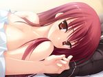 bed blush breasts cleavage empty_x_embryo game_cg hands kifune_mio kobuichi long_hair looking_at_viewer lying medium_breasts on_back pillow red_eyes red_hair smile solo tsurime 