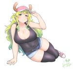  1girl aqua_hair arm_support baseball_cap black_legwear black_shirt blonde_hair blush breasts collarbone commentary_request dragon_horns eyebrows_visible_through_hair gradient_hair green_eyes green_hair hand_on_headwear hat heterochromia highres hori_shin horns huge_breasts kobayashi-san_chi_no_maidragon long_hair looking_at_viewer multicolored_hair number purple_eyes quetzalcoatl_(maidragon) shirt shoes short_shorts shorts signature simple_background sitting sleeveless sleeveless_shirt smile sneakers solo tank_top thighhighs very_long_hair white_background 