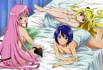  absurdres barefoot bed bed_sheet blonde_hair blue_hair breasts cleavage demon_tail downblouse green_eyes green_pillow highres konjiki_no_yami kutsuzawa_youko lala_satalin_deviluke long_hair long_legs medium_breasts multiple_girls naked_sheet non-web_source nude pillow pink_hair purple_eyes red_eyes sairenji_haruna short_hair sideboob tail to_love-ru twintails very_long_hair 